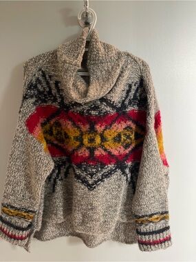 Free People Neutral Funnel Neck Sweater with Red & Mustard Pattern